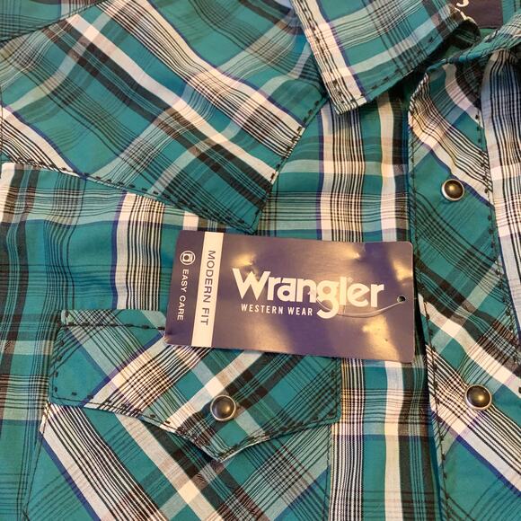 Wrangler Western Wear Mens Shirt Large Teal Plaid Modern Fit Snap Closure Cowboy - Picture 5 of 14